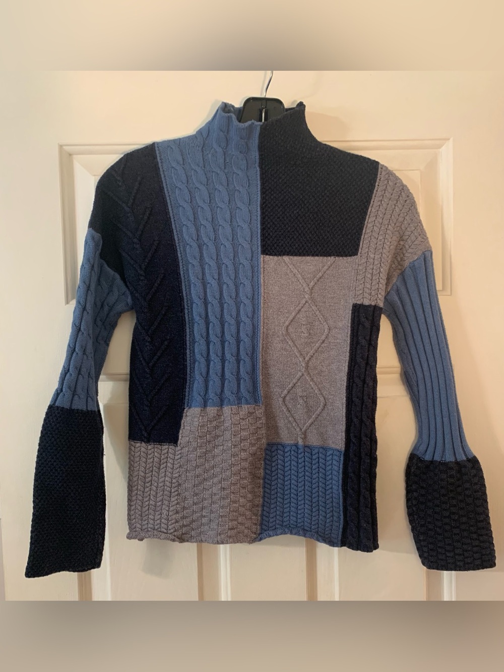 Anthropologie Patchwork Cable-Knit Sweater - Blue & Gray S NWOT